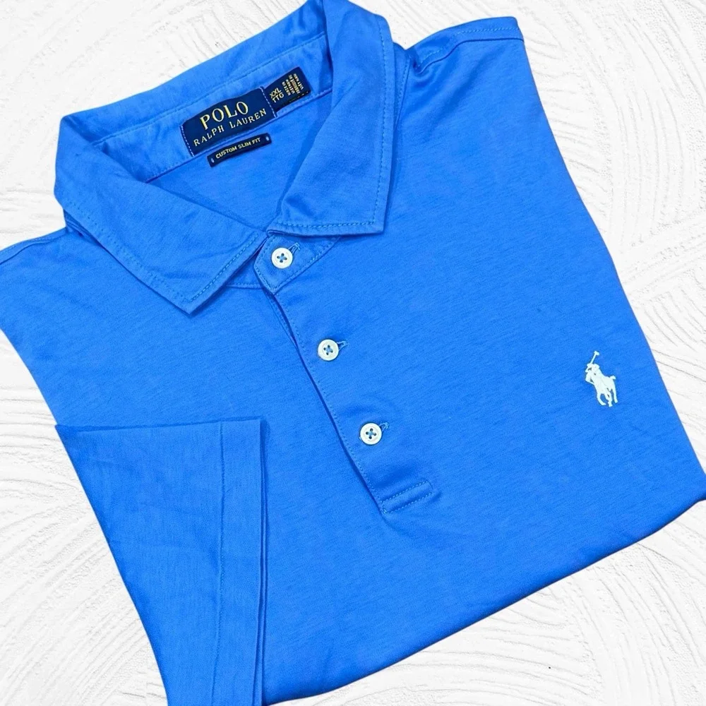 Polo Ralph Lauren Polo Shirt Short Sleeve Men Golf XXL Blue Solid Custom Slim